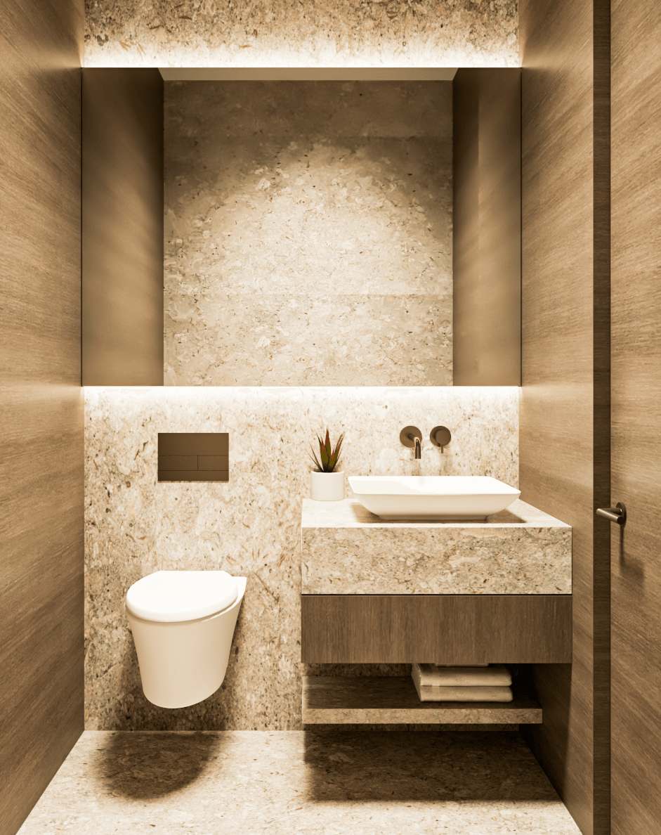 Modern bathroom design with stone walls and wooden accents