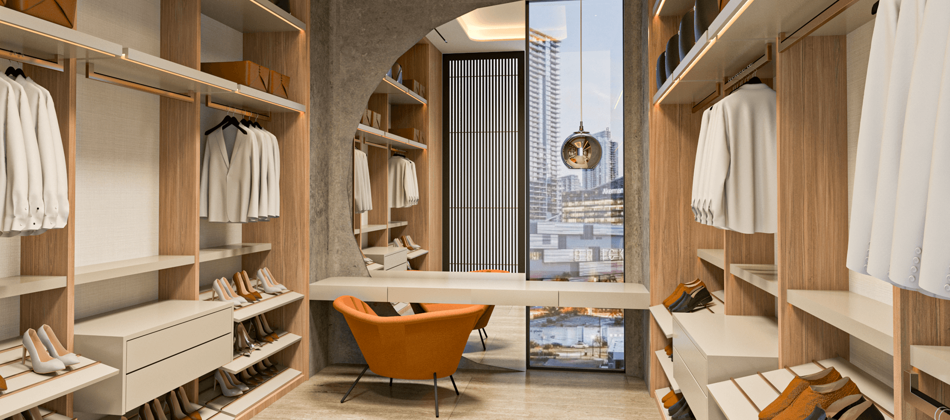 Luxury walk-in closet with wooden shelves and city view