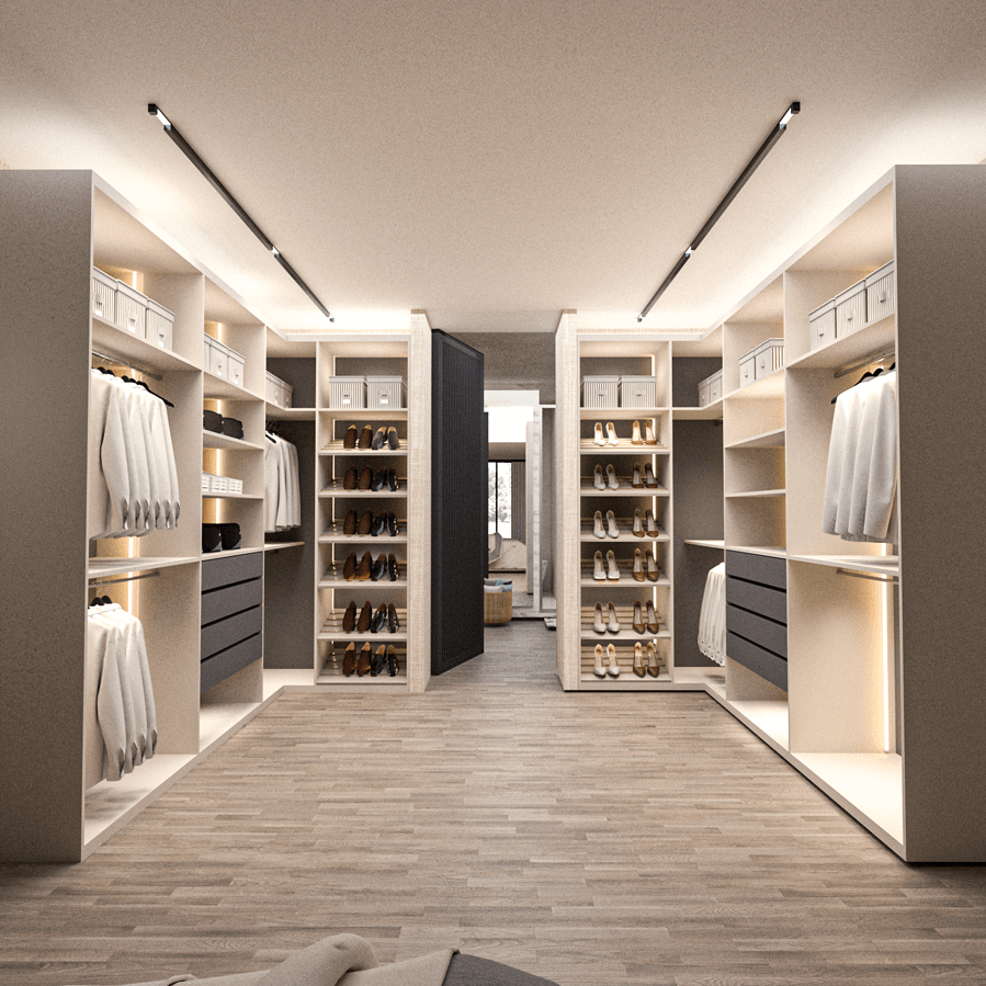 Spacious modern walk-in closet with organized shelves and lighting