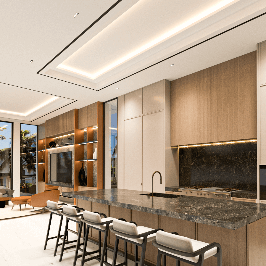 Modern kitchen design with marble island and wooden cabinets